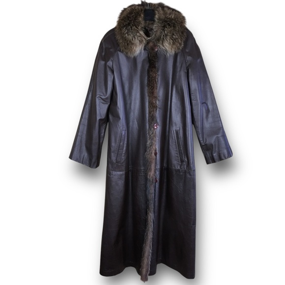 Revillon Saks 5th Avenue Brown Leather Lined By Racoon Fur Full Length Coat M-L - Picture 3 of 13